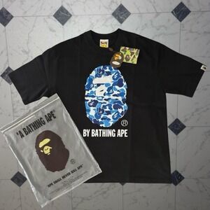 BAPE Blue Camo Ape Head Black Tee L NWT